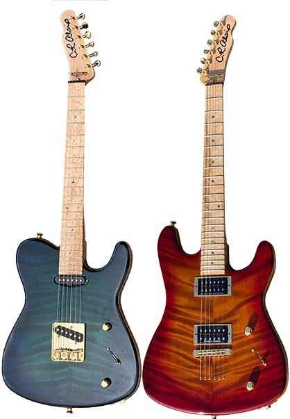 Pictured: Tejas-T and Tejas-S both with Figured Redwood Tops and Birdseye Maple Fretboards